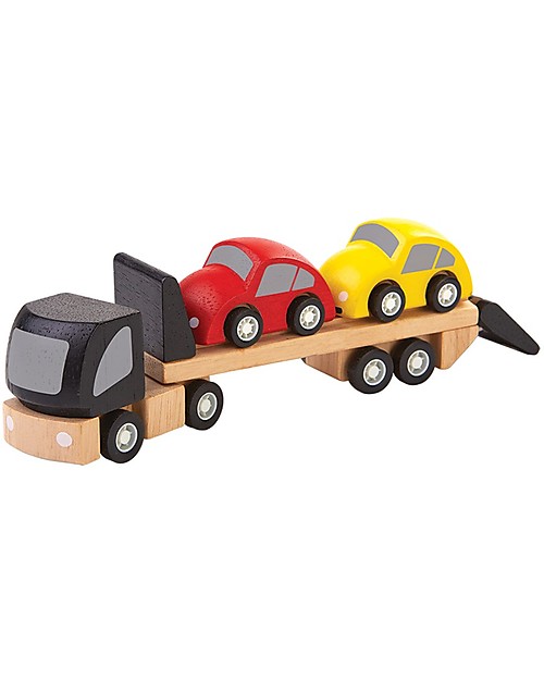 PlanToys Wooden Car Transporter - Cars Included! Wooden Toy Cars, Trains & Trucks