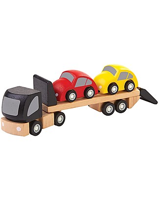 PlanToys Wooden Car Transporter - Cars Included! Wooden Toy Cars, Trains & Trucks