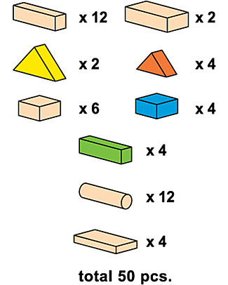 PlanToys Wooden Colorful and Natural Blocks - 50 Pieces Building Blocks