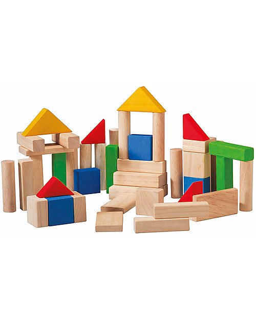PlanToys Wooden Colorful and Natural Blocks - 50 Pieces Wooden Blocks and Construction Sets