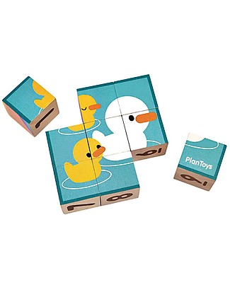 PlanToys Wooden Cubes Puzzle, 4 sided illustration - Eco-friendly fun! Puzzles