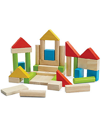 PlanToys Wooden Natural Blocks - Colourful - 40 pieces Wooden Blocks & Construction Sets