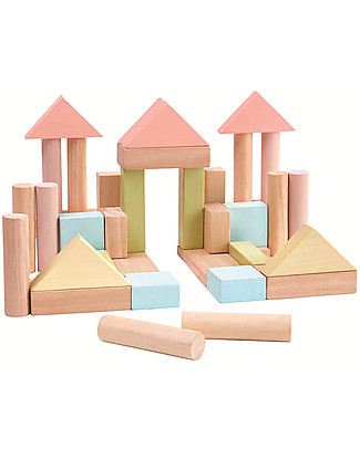 PlanToys Wooden Pastel and Natural Blocks - 40 Pieces Building Blocks