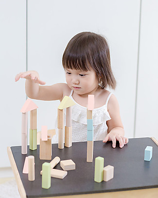 PlanToys Wooden Pastel and Natural Blocks - 40 Pieces Building Blocks