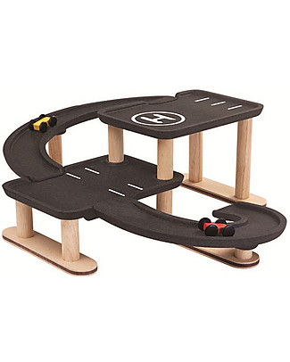 PlanToys Wooden Race and Play Parking Garage - Fun and educational Wooden Toy Cars, Trains & Trucks