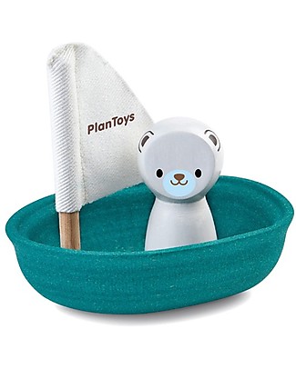 PlanToys Wooden Sailing Boat, Polar Bear 9x12x13 cm - Eco-friendly fun! Bath Toys