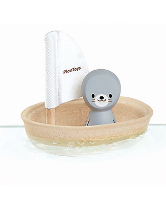 PlanToys Wooden Sailing Boat, Seal 9x12x13 cm - Eco-friendly fun! Bath Toys