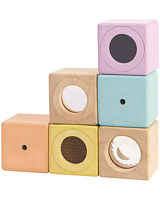 PlanToys Wooden Sensory Blocks - Visual, Auditory and Tactile Development Building Blocks