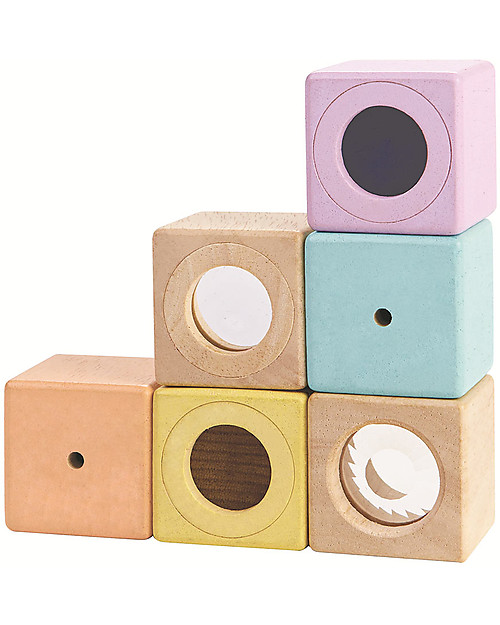 PlanToys Wooden Sensory Blocks - Visual, Auditory and Tactile Development Montessori Toys
