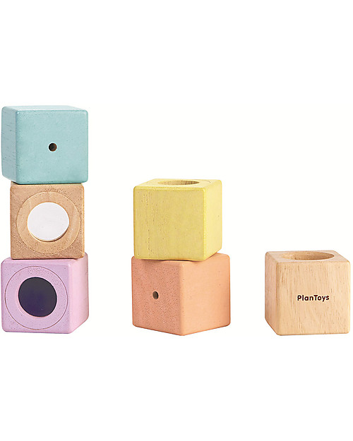 PlanToys Wooden Sensory Blocks - Visual, Auditory and Tactile Development Montessori Toys