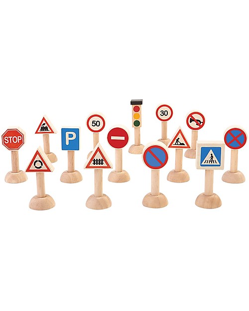PlanToys Wooden Set of Traffic Signal and Lights, 14 pieces - Educational Fun! Wooden Toy Cars, Trains & Trucks