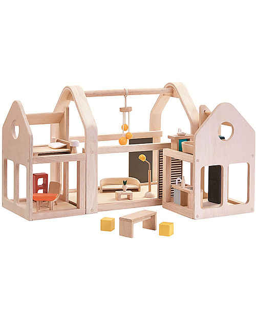 PlanToys Wooden Slide n Go Dollhouse - Portable with Furniture