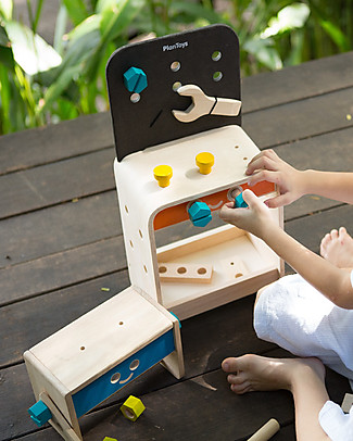 PlanToys Wooden Toy Workbench - Includes 22 accessories! Wooden Toy Tools