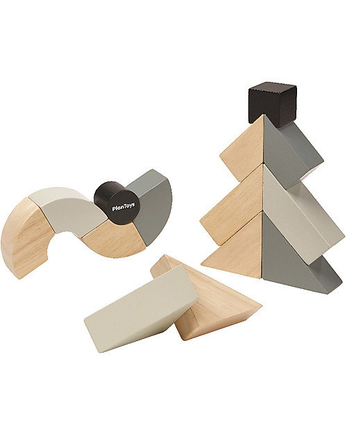 PlanToys Wooden Twisted Blocks Set - 14 pieces of Unusual Shapes Wooden Blocks and Construction Sets