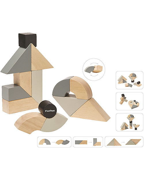 PlanToys Wooden Twisted Blocks Set - 14 pieces of Unusual Shapes Wooden Blocks and Construction Sets