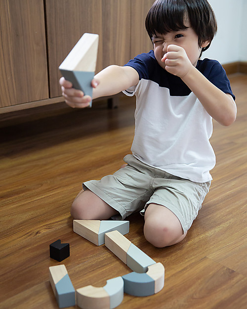 PlanToys Wooden Twisted Blocks Set - 14 pieces of Unusual Shapes Wooden Blocks and Construction Sets