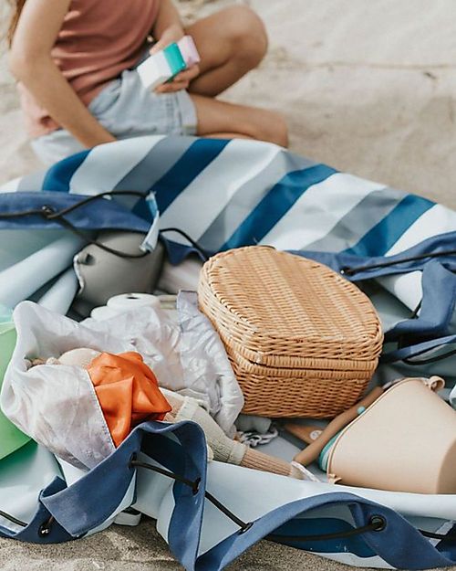 Play&Go 2 in 1 Storage Bag & Playmat - in Cotton - Blue/Green Stripes Storage Bag and Playmat