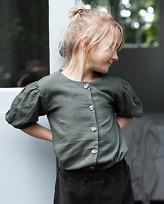 Poudre Organic Blouse Poire with Puff Sleeves - Forest Green - 100% Organic Cotton Shirts And Blouses