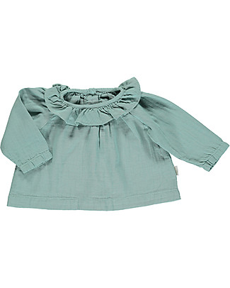 Poudre Organic Blouse with Rouche Neck (3-4 years) - Blue Surf - 100% organic cotton Shirts And Blouses