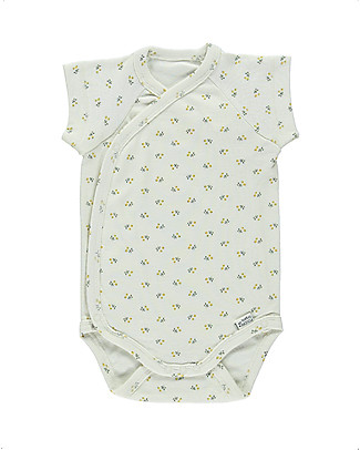 Poudre Organic Bodysuit with Asymmetric Fastening Lierre - Honey Floral Pattern - 100% Organic Cotton Short Sleeves Bodies