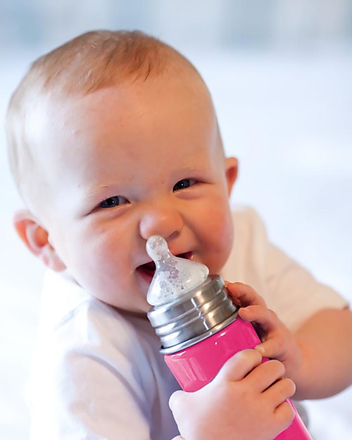 Pura Kiki Stainless Steel Vacuum Insulated Toddler - 250ml - Medium Flow Teat 3+ months - Pink Teats