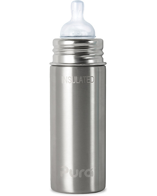 Pura Kiki Stainless Steel Vacuum Insulated Toddler - 266ml - Medium Flow Teat 3+ months - Natural Stainless Teats