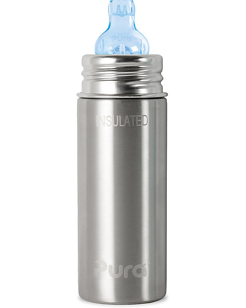 Pura Kiki Stainless Steel Vacuum Insulated Toddler Sippy Bottle - 266ml - 6+ months - Natural Stainless Thermos Bottles