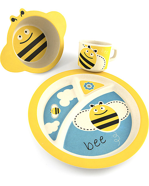 Pure Kids Bamboo Children Dining Set, 3 pieces, Bee - Biodegradable, free from BPA, PVC and phthalates! Meal Sets