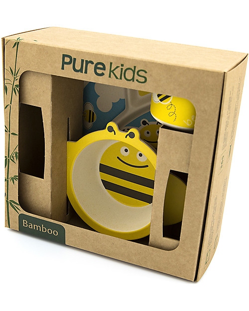 Pure Kids Bamboo Children Dining Set, 3 pieces, Bee - Biodegradable, free from BPA, PVC and phthalates! Meal Sets