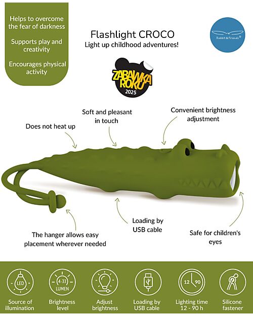 Rabbit & Friends Soft Silicone Flashlight - Crocodile - Adjustable Brightness Nightlights