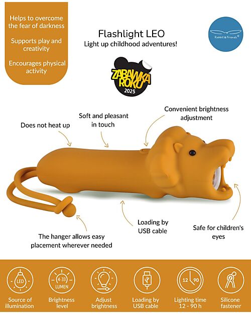 Rabbit & Friends Soft Silicone Flashlight - Lion - Adjustable Brightness Nightlights