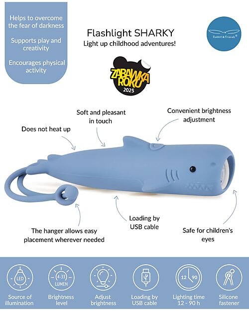 Rabbit & Friends Soft Silicone Flashlight - Shark - Adjustable Brightness Nightlights