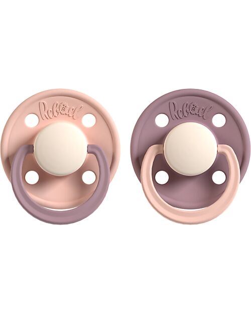 Rebael Set of 2 Bicolour Pacifier - Round Nipple in Natural Latex - Tornado Rhino and Misty Poodle - Made in Danemark - BPA & PVC Free Dummies & Soothers
