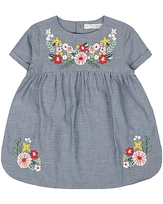 Sense Organics Chana Dress - Blue with Flower Embroidery - 100% organic cotton chambre Dresses