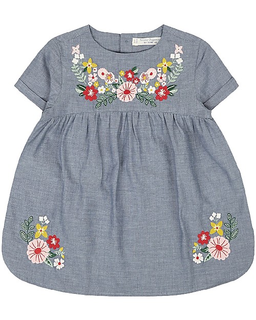 Sense Organics Chana Dress - Blue with Flower Embroidery - 100% organic cotton chambre Dresses_