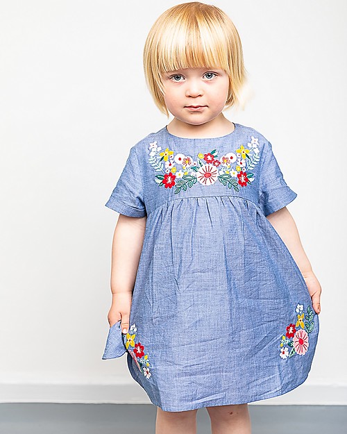 Sense Organics Chana Dress - Blue with Flower Embroidery - 100% organic cotton chambre Dresses_