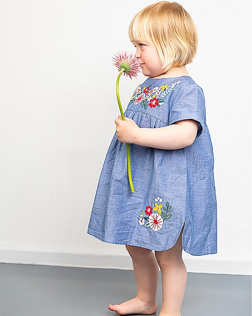 Sense Organics Chana Dress - Blue with Flower Embroidery - 100% organic cotton chambre Dresses_