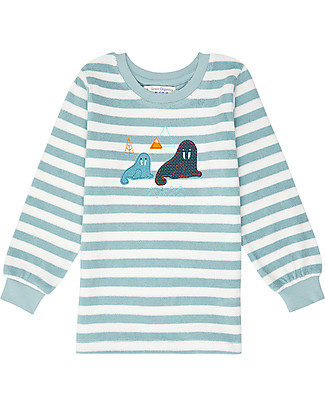 Sense Organics Long John Retro Pyjama - Light Blue Stripes + Walrus - 100% Organic Cotton Pyjamas