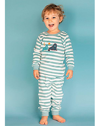 Sense Organics Long John Retro Pyjama - Light Blue Stripes + Walrus - 100% Organic Cotton Pyjamas