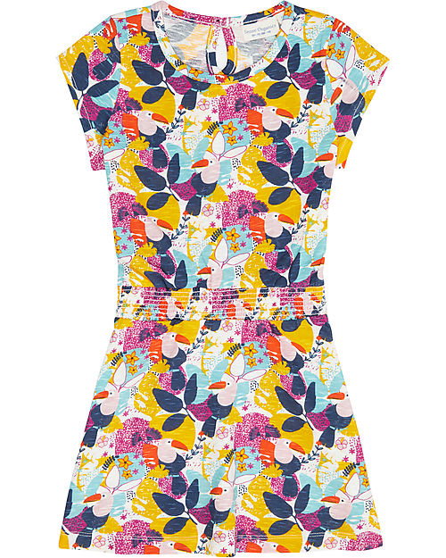 Sense Organics Melda Dress with Elasticated Waist - Floral Toucan - 100% Organic Cotton Dresses_