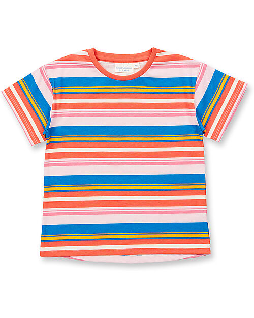 Sense Organics Short Sleeve Shirt Lina - Coral + Pink + Blue Stripes - 100% GOTS Organic Cotton T-shirts