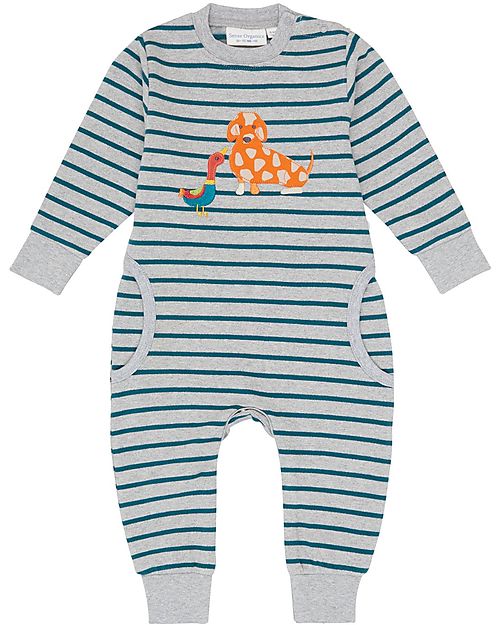 Sense Organics Strindberg Baby Sweat Romper - Grey Teal Stripes - 100% Organic Cotton GOTS Babygrows