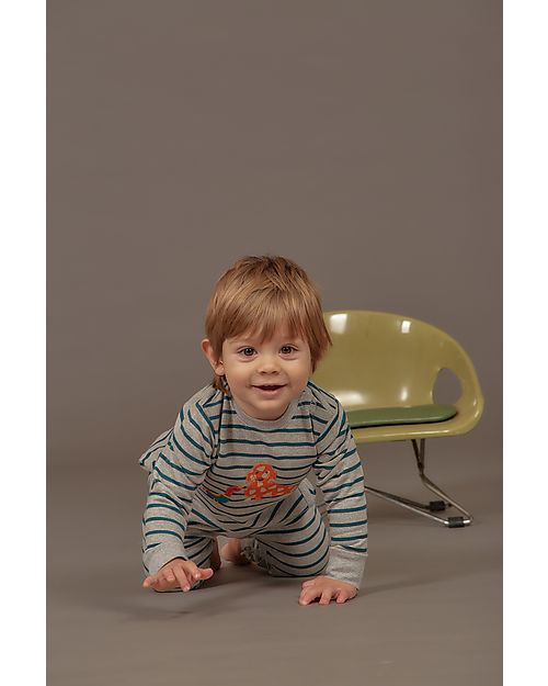 Sense Organics Strindberg Baby Sweat Romper - Grey Teal Stripes - 100% Organic Cotton GOTS Babygrows