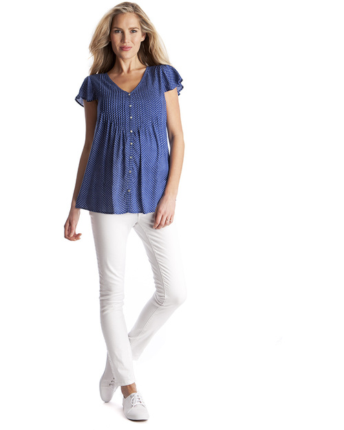 Seraphine Blue Polka Dot Maternity Blouse - Mother of Pearl Detail Shirts And Blouses
