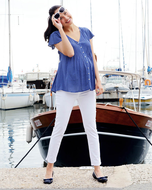 Seraphine Blue Polka Dot Maternity Blouse - Mother of Pearl Detail Shirts And Blouses