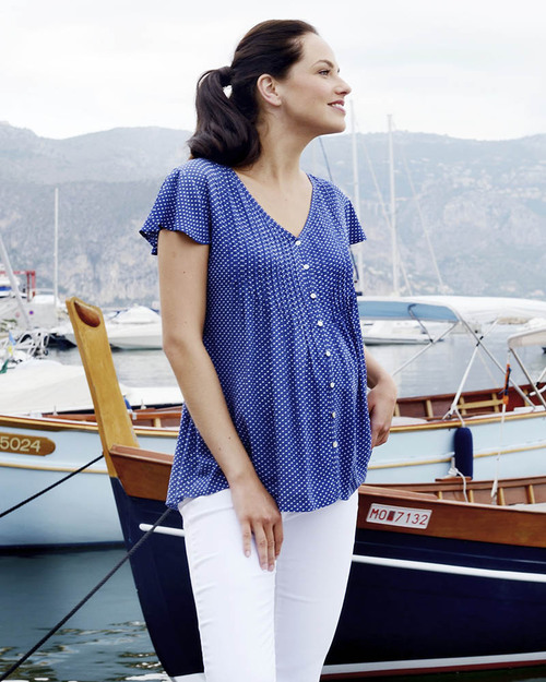 Seraphine Blue Polka Dot Maternity Blouse - Mother of Pearl Detail Shirts And Blouses