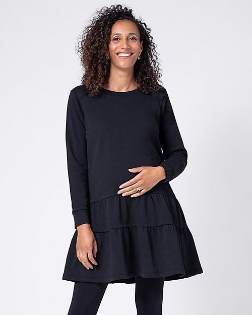 Seraphine Cotton Tiered Maternity & Nursing Tunic - Black Dresses_