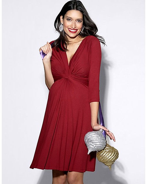 Seraphine Jolene Knot Front Maternity Dress with ¾ sleeves - Claret Red Dresses_