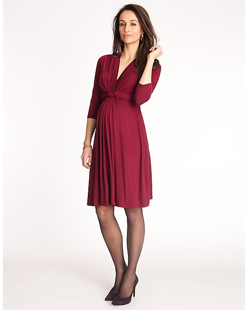 Seraphine Jolene Knot Front Maternity Dress with ¾ sleeves - Claret Red Dresses_