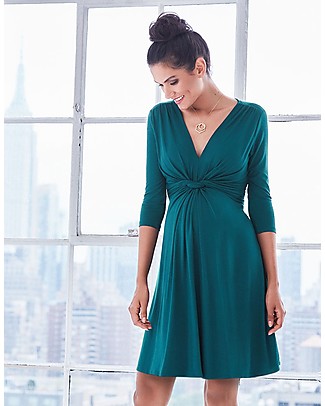 Seraphine Jolene maternity dress with knotted front & ¾ sleeves - Dark Green Dresses